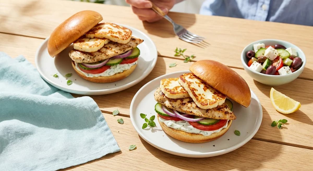 Quick Greek-Style Chicken & Halloumi Burgers Recipe