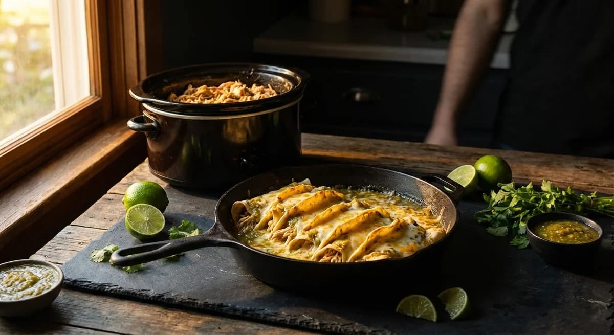 Cheesy Salsa Verde Crock Pot Chicken Baked Tacos Recipe