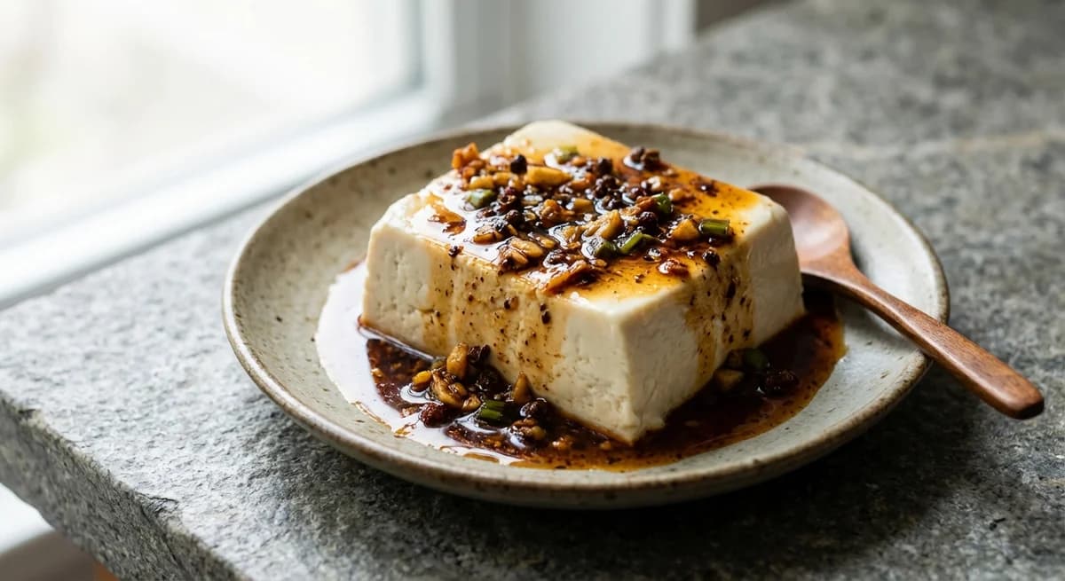 Chilled Silken Tofu with Sizzling Garlic Chili Oil