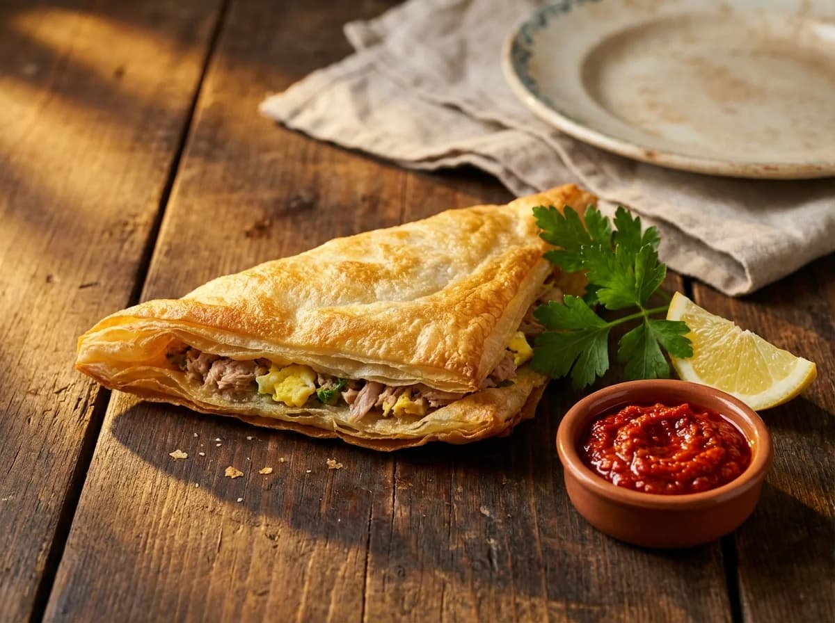 Classic Tunisian Tuna and Egg Brik with Harissa