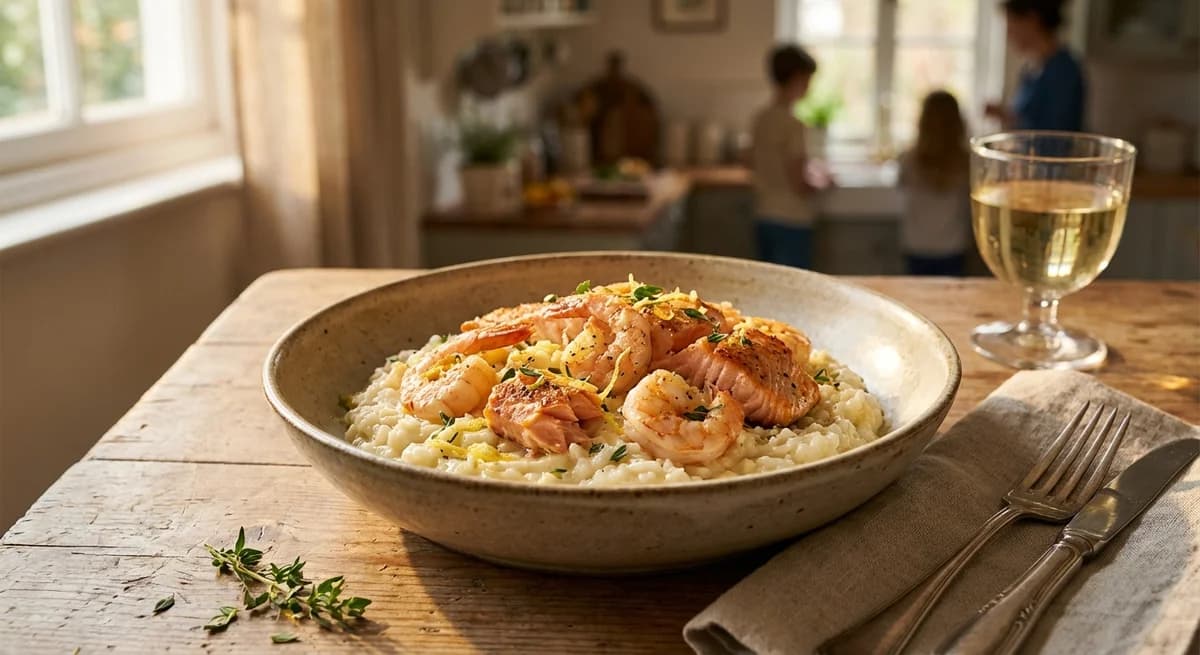 Creamy Lemon and Mascarpone Salmon Prawn Risotto