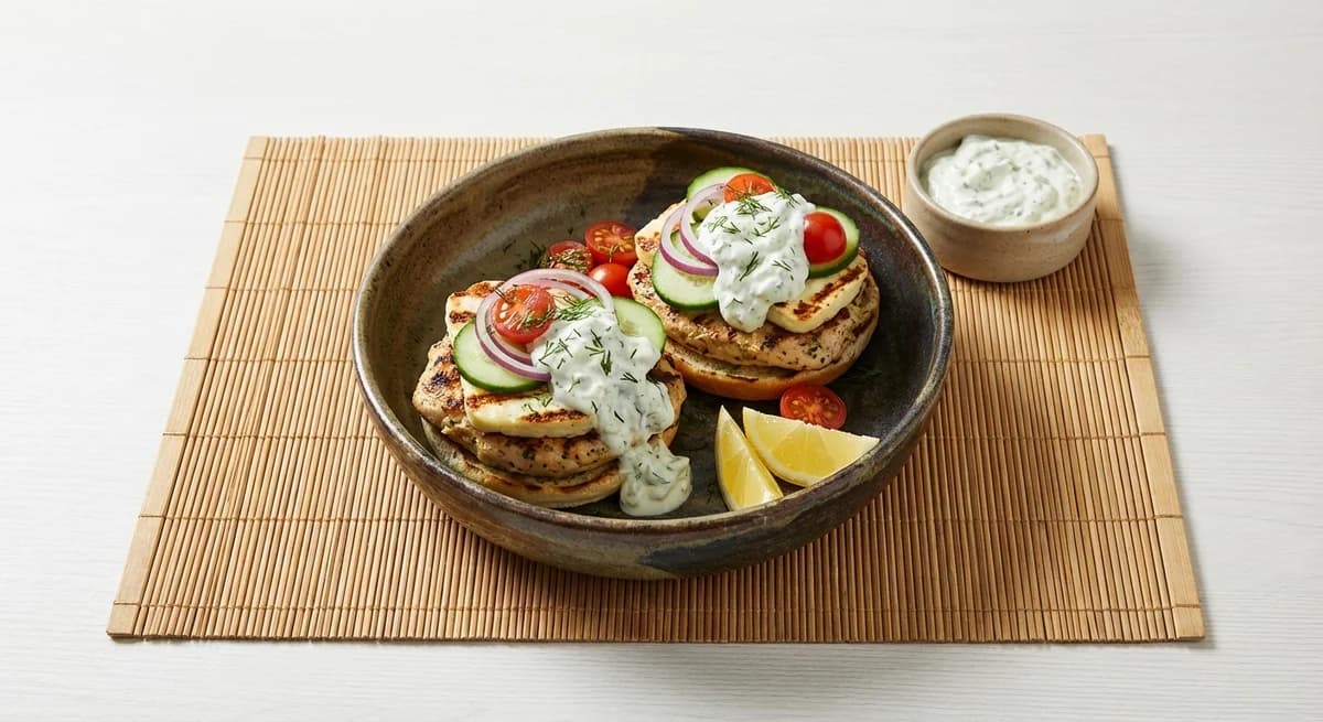 Greek-Style Chicken and Halloumi Burgers with Tzatziki