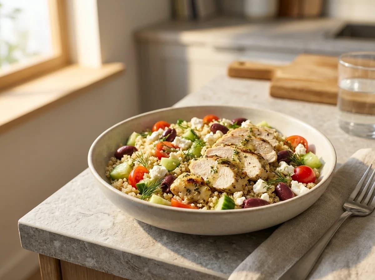 Grilled Lemon Herb Chicken Quinoa Greek Salad Recipe