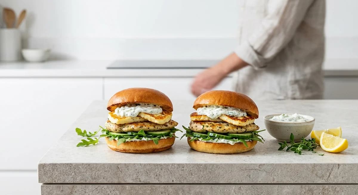 Lemon Herb Chicken and Halloumi Burgers with Tzatziki