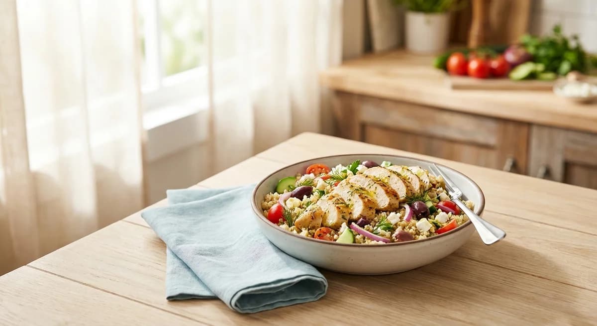 Lemon-Herb Roasted Chicken Quinoa Greek Salad