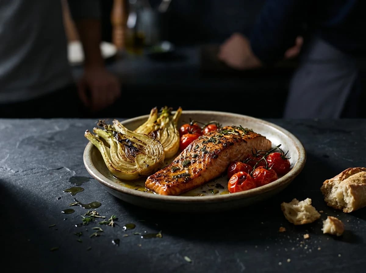 Mediterranean Baked Salmon with Roasted Fennel and Burst Tomatoes