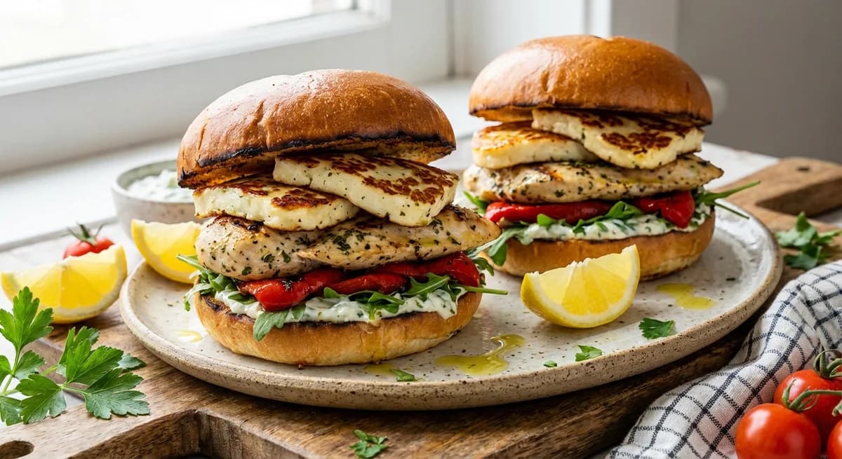 Mediterranean Lemon Herb Chicken and Halloumi Burgers