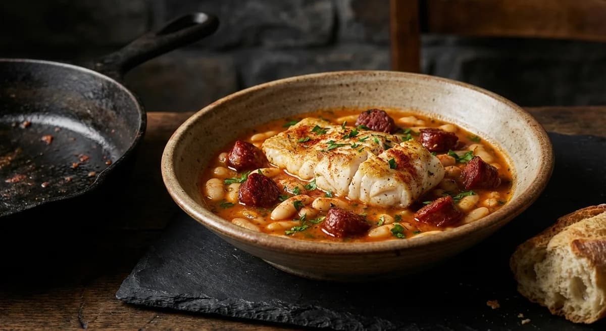 Rustic Spanish Pan-Fried Hake with White Bean and Chorizo Broth Recipe