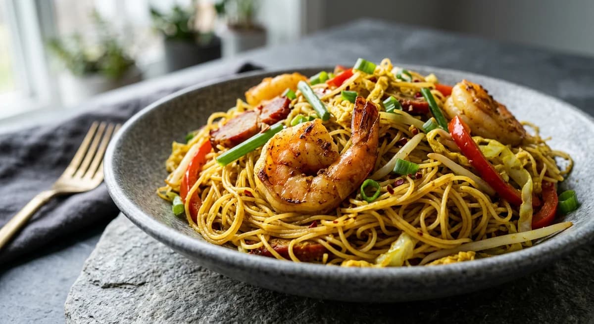 Savory Curry Singapore Noodles with Shrimp