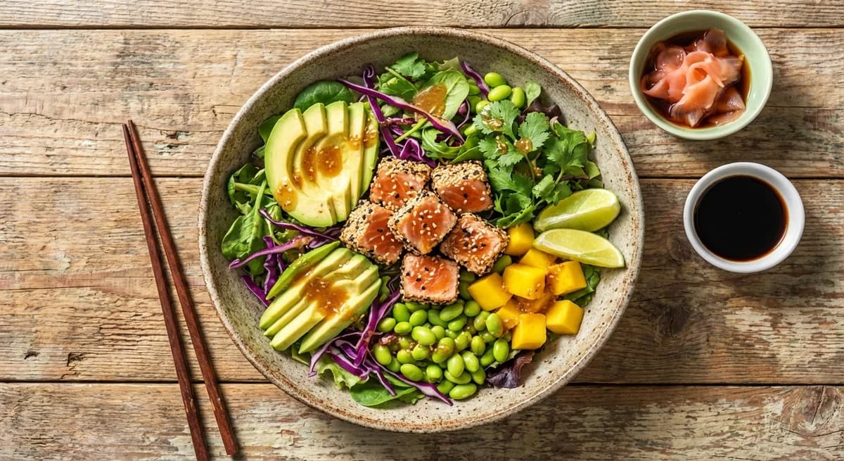 Sesame Ginger Seared Salmon & Avocado Salad
