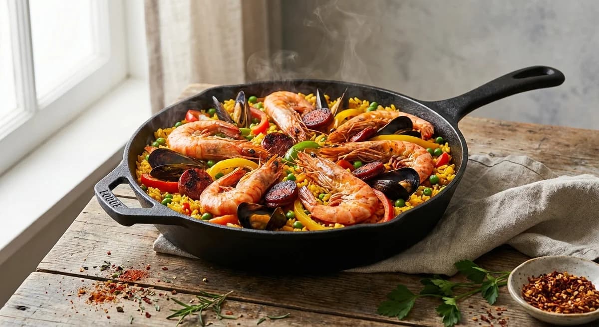 Smoky Chorizo and Prawn Paella Skillet