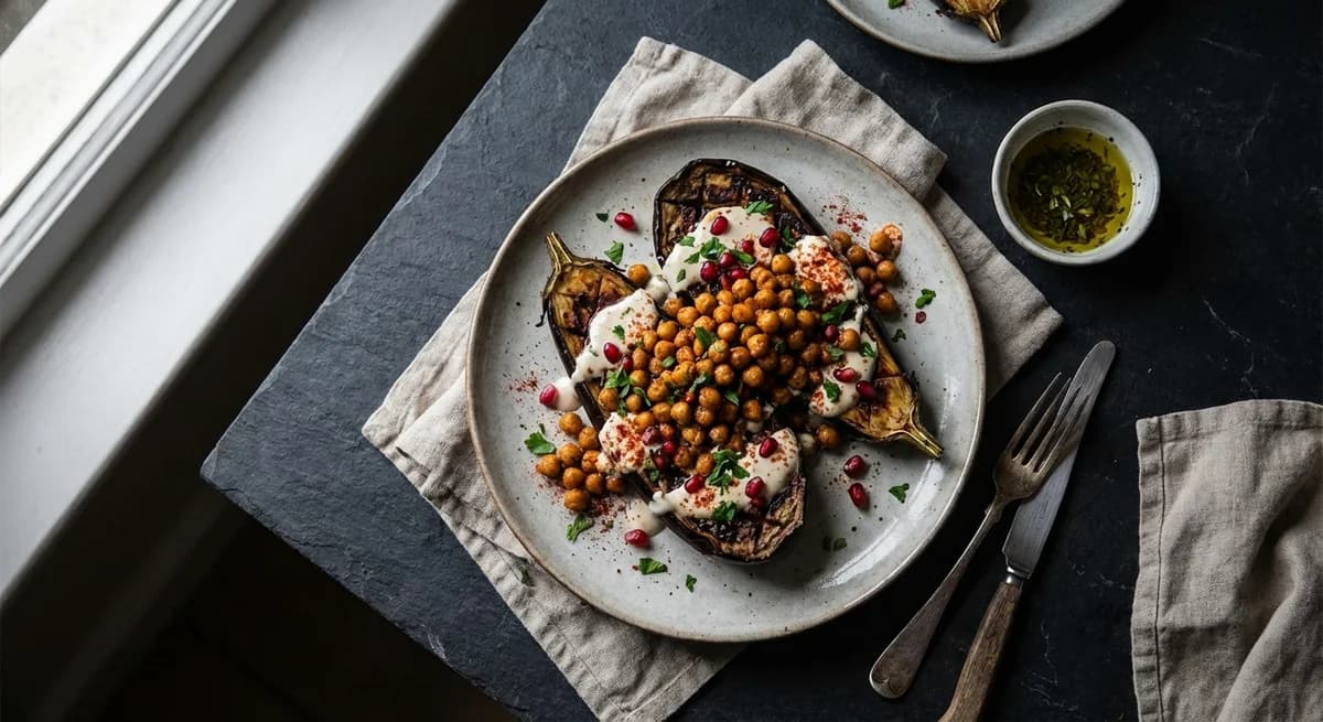 Smoky Grilled Aubergines with Spicy Chickpeas Recipe