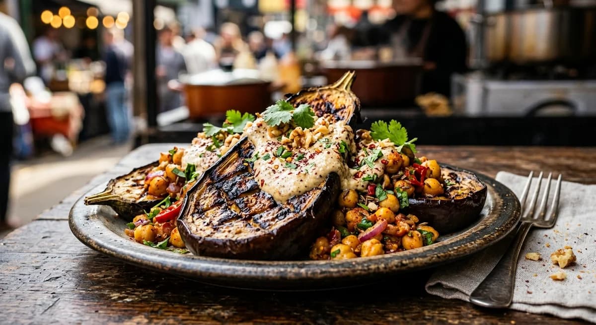 Smoky Grilled Aubergines with Spicy Chickpeas and Walnut Sauce