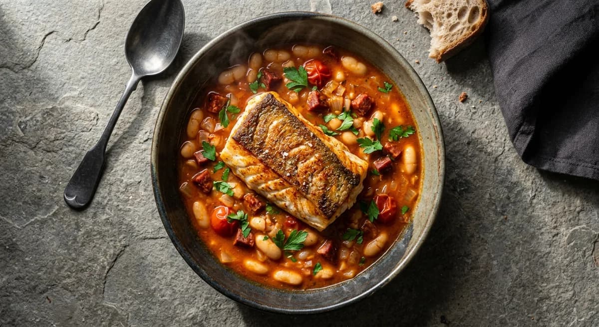 Smoky Pan-Fried Hake with White Bean and Chorizo Broth
