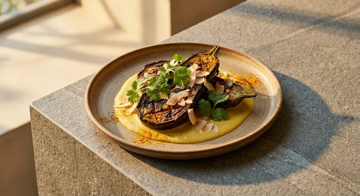 Smoky Turmeric Grilled Eggplant in Golden Coconut Sauce