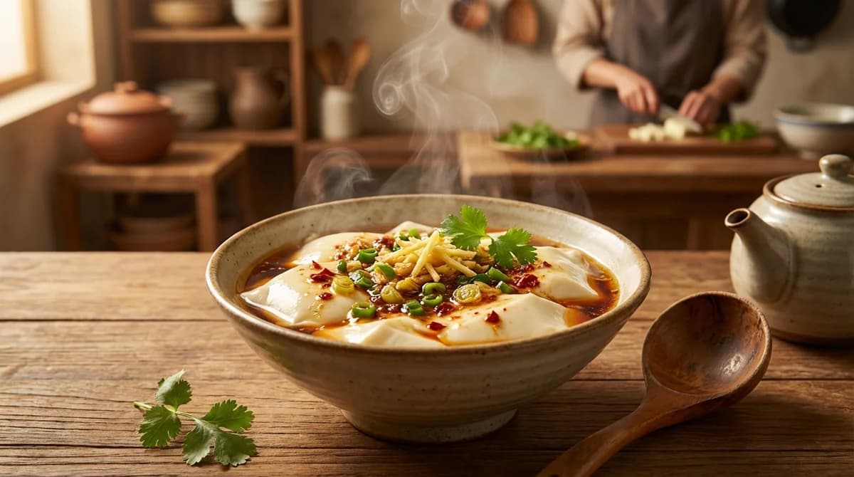 Steamed Silken Tofu with Sizzling Ginger Scallion Oil