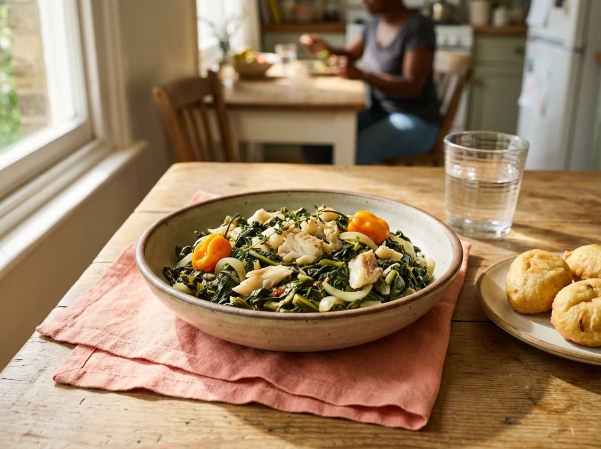 Traditional Jamaican Callaloo and Saltfish Sauté