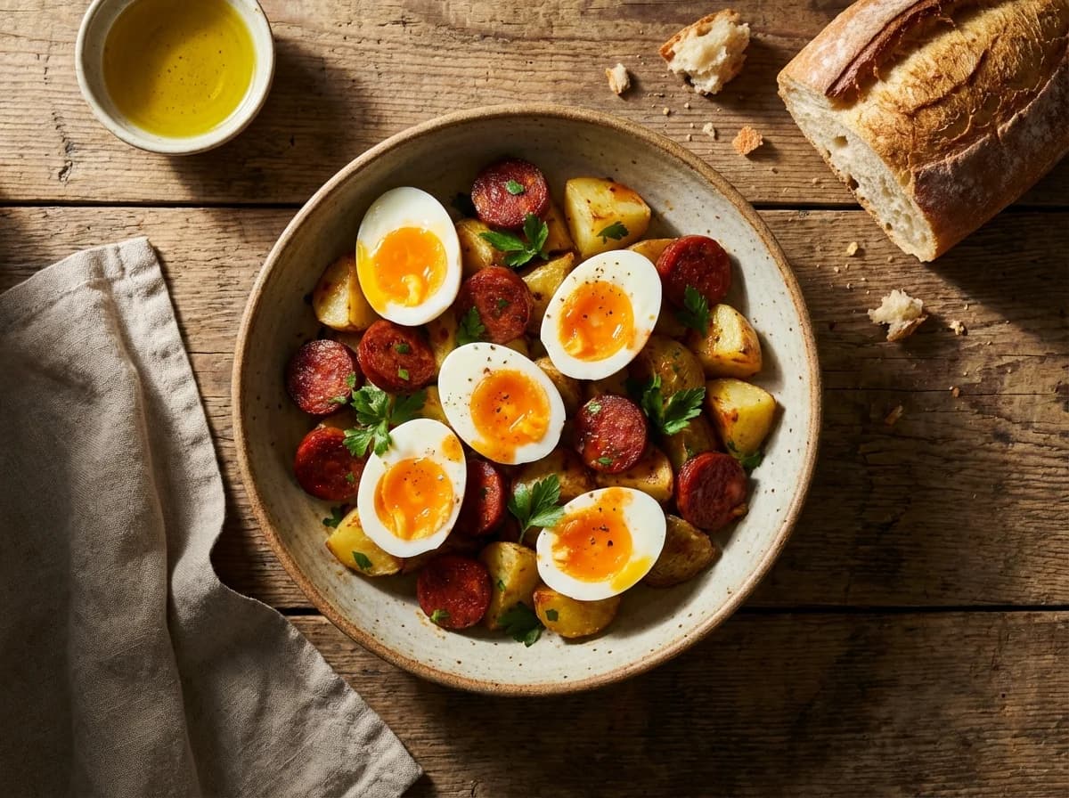Warm Spanish Chorizo and Potato Salad with Jammy Eggs