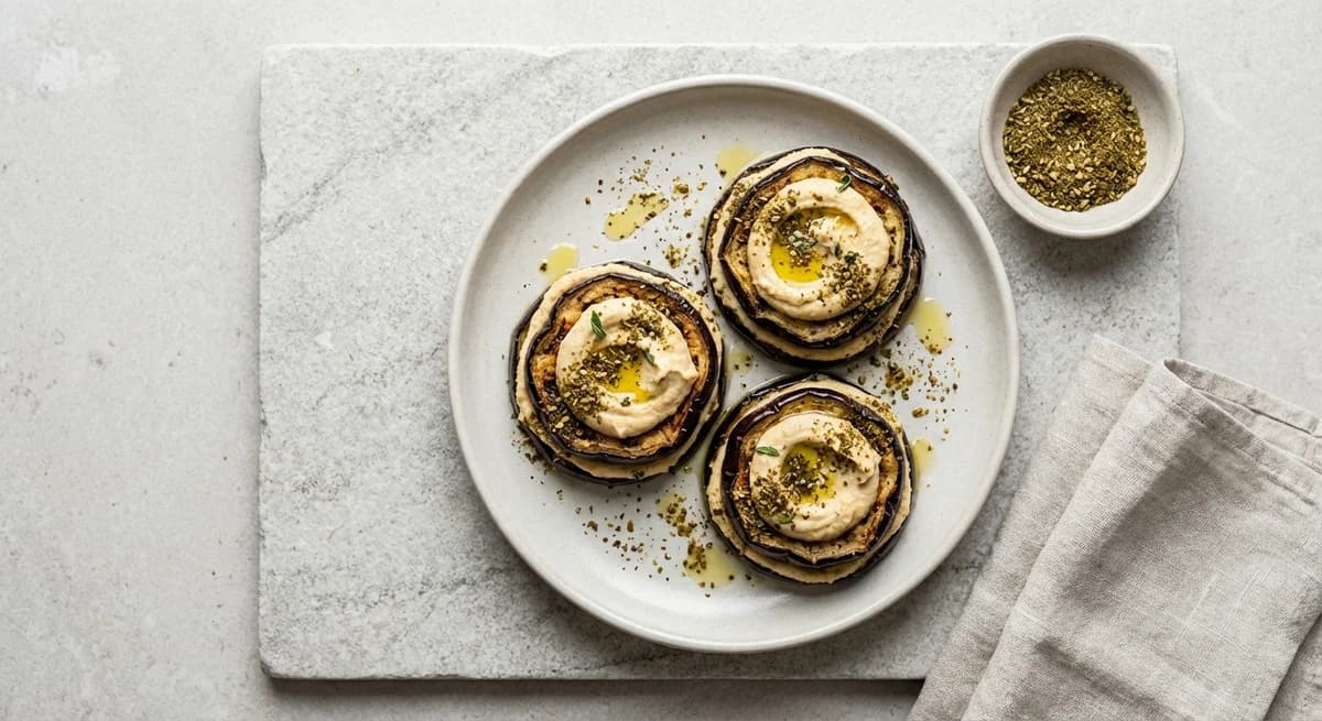 Za'atar Spiced Aubergine and Hummus Stacks