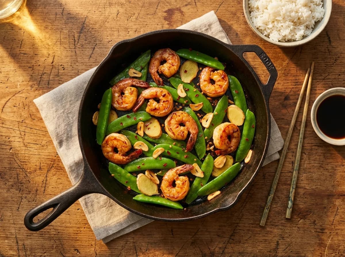 Classic Garlic Ginger Shrimp and Snow Peas