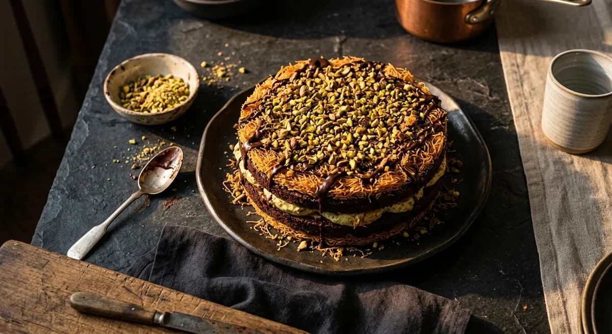 Decadent Pistachio Kunafa Chocolate Cake Recipe