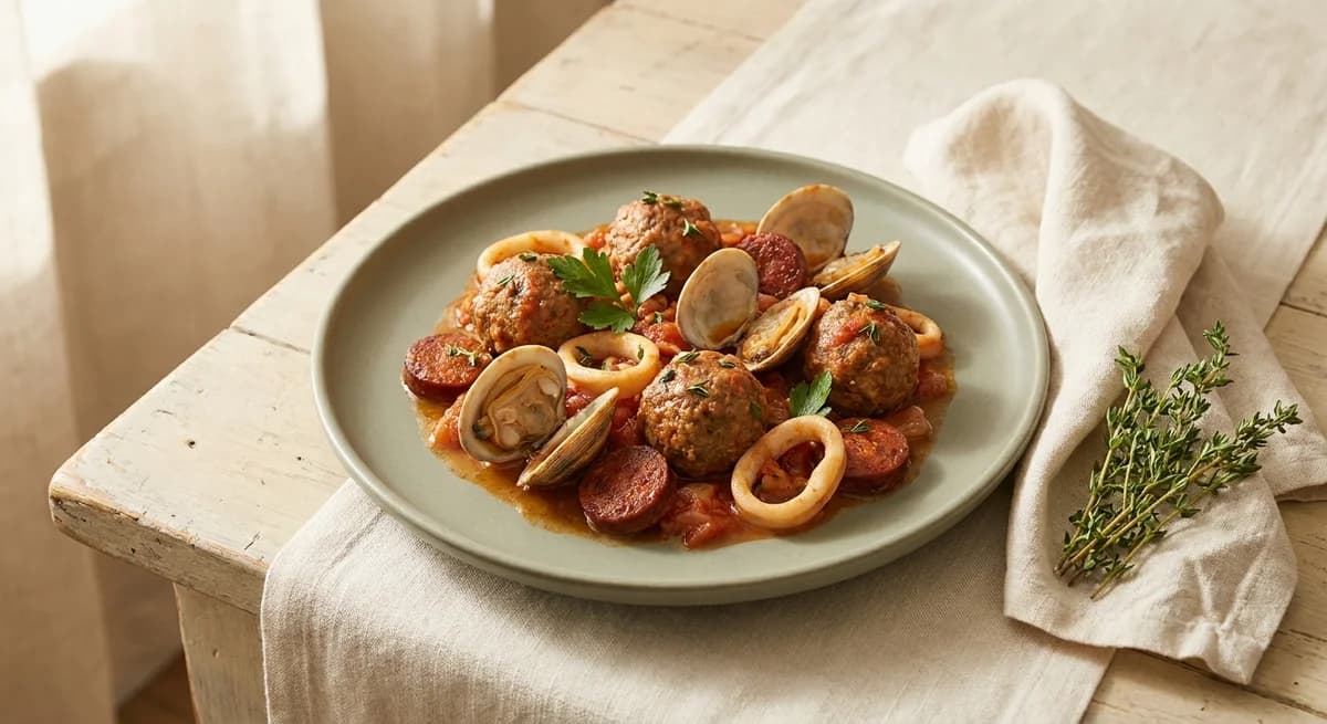 Easy 30-Minute Spanish Meatballs with Clams, Chorizo & Squid Recipe