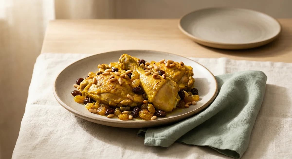 Healthy Saffron Chicken with Raisins and Pine Nuts Recipe