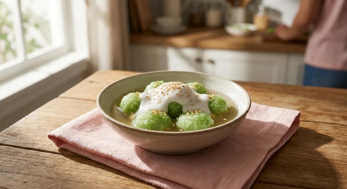 Pandan-Infused Num E (Sticky Rice Balls in Sugar Syrup and Coconut Cream) Recipe