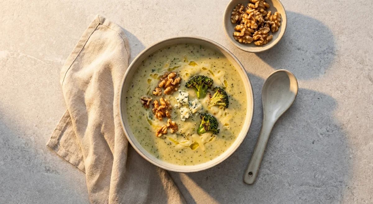 Roasted Broccoli and Stilton Soup with Toasted Walnuts