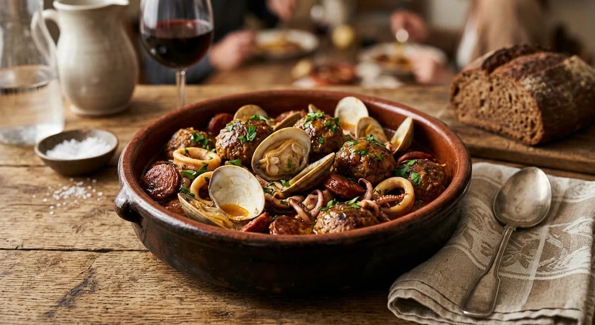 Rustic Spanish Meatballs with Clams, Chorizo, and Squid