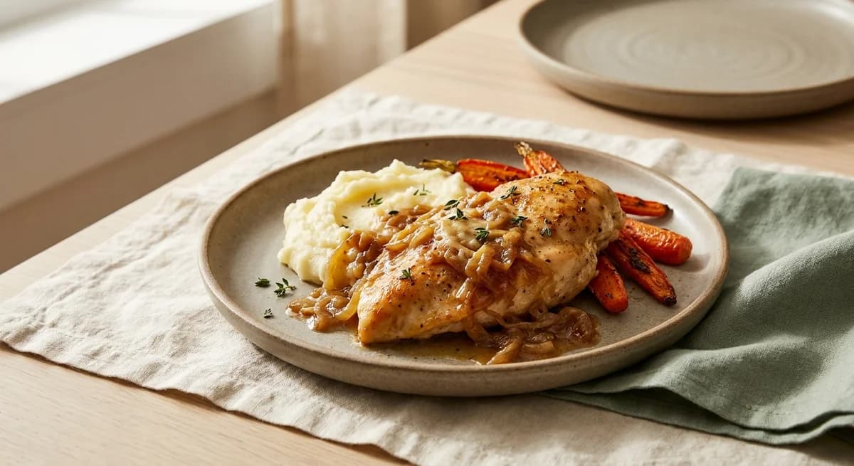Savory French Onion Chicken with Roasted Carrots & Mashed Potatoes Recipe