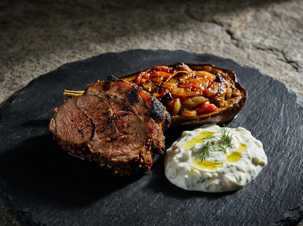 Smoky BBQ Lamb and Imam Bayildi with Tzatziki Recipe
