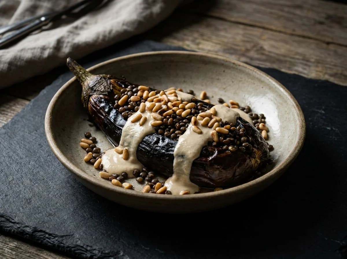 Smoky Roasted Eggplant with Tahini, Pine Nuts, and Lentils Recipe