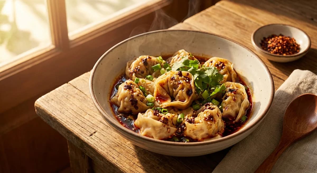 Spicy Szechuan Pork Wontons in Chili Oil